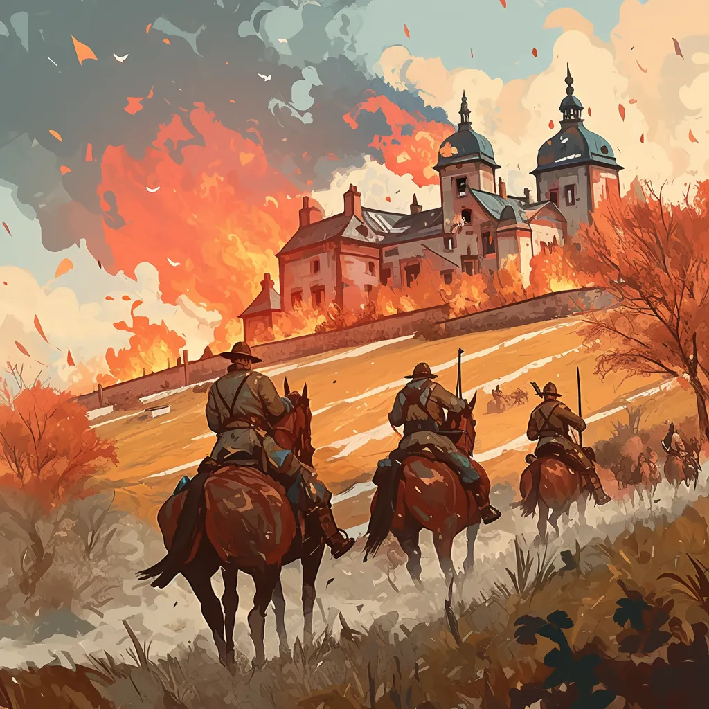 Historical castle scene with mounted soldiers Cavalry riders approaching a castle under dramatic autumn sky