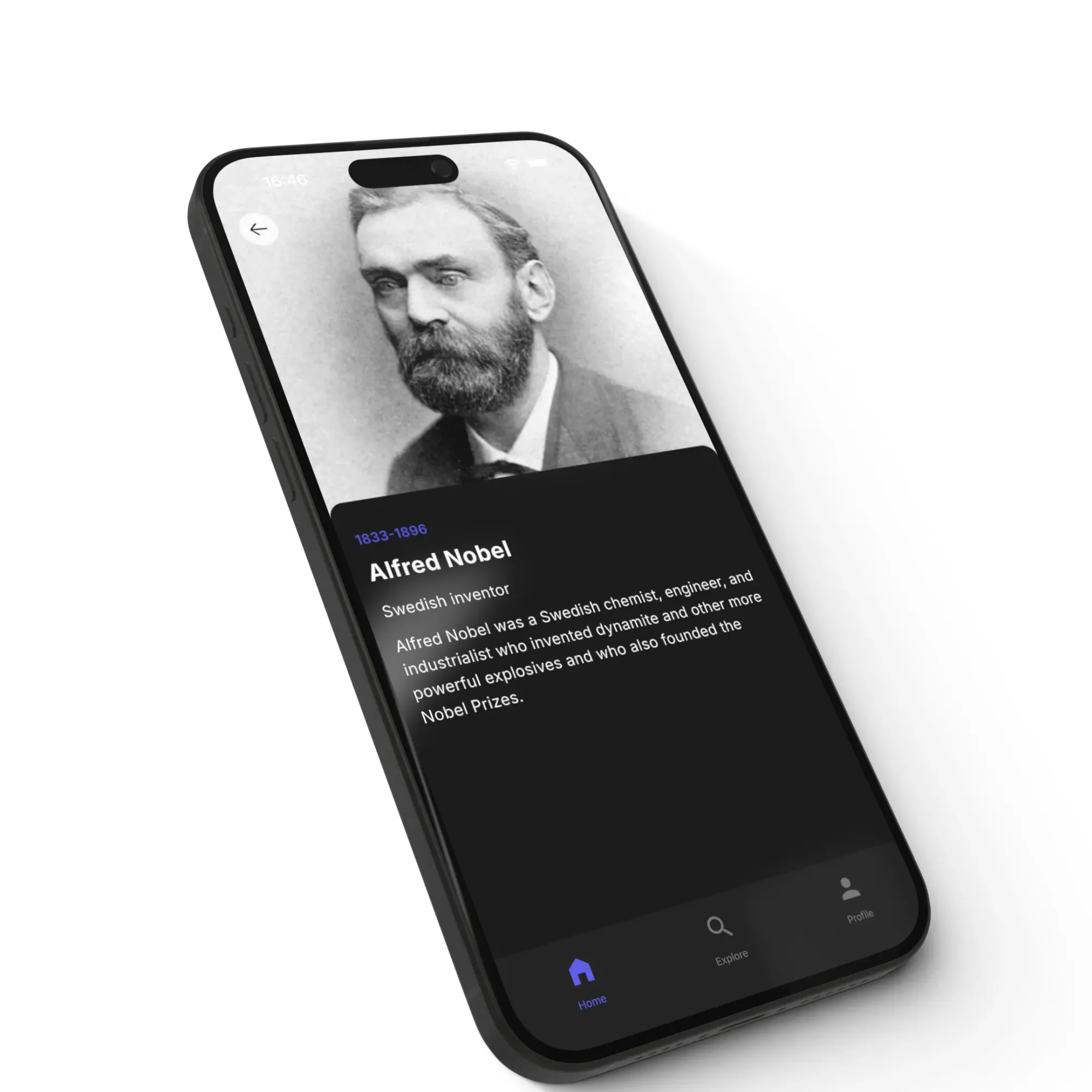 A phone screen showing an image and description of Alfred Nobel