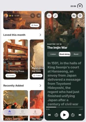 Home and read-along story player side by side on iPhone Duo, unfolded