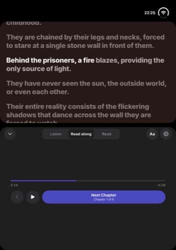 Read-along story player on iPhone Duo in tabletop posture, text above and controls below the fold